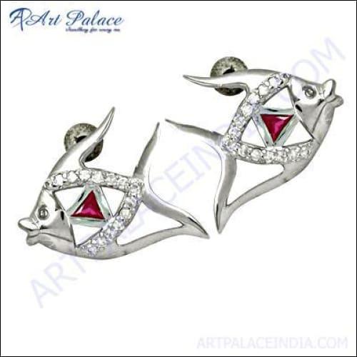 Stylish pink glass cubic zirconia silver earrings with intricate design and sparkling details.
