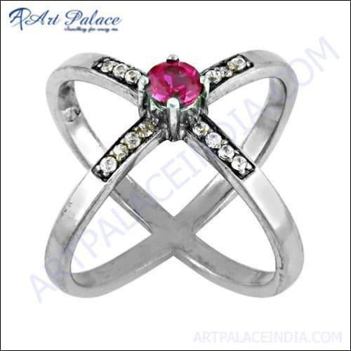 Stylish pink and white cubic zirconia silver ring with intricate design, showcasing sparkling stones set in high-quality silver.