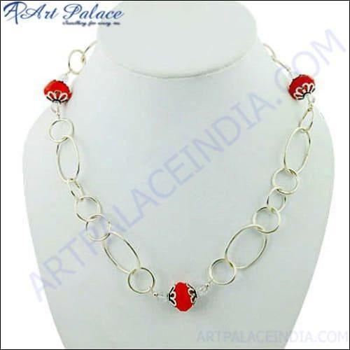 A stylish plain silver beaded necklace for girls, featuring a delicate silver chain and a beautifully crafted beaded pendant.