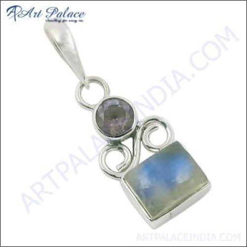 Stylish silver pendant featuring rainbow moonstone and amethyst stones, showcasing a unique and elegant design.