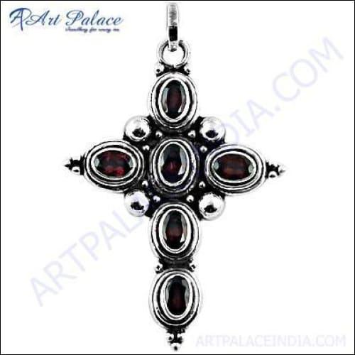 Stylish red cubic zirconia cross silver pendant showcasing intricate design and vibrant color.