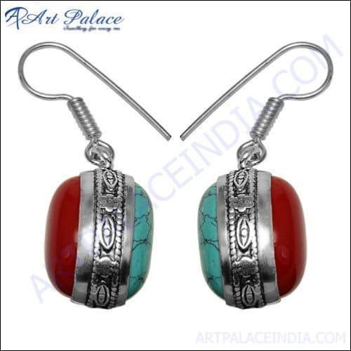 Stylish Synthetic Coral and Turquoise White Metal Earrings showcasing vibrant colors and intricate design.