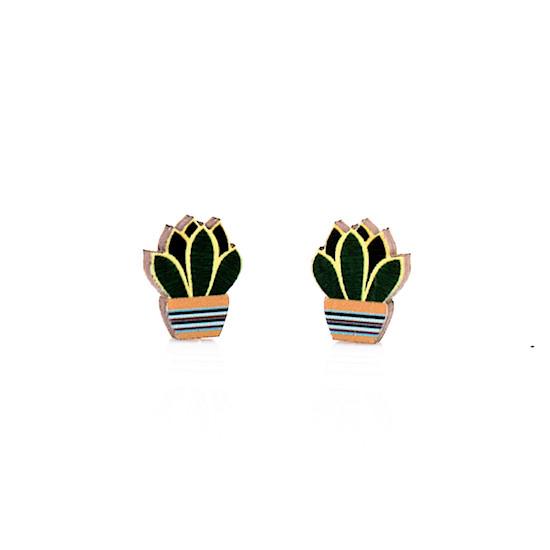 A pair of Succulent Stud Earrings #3042 made from lightweight laser-cut wood, featuring a Sansevieria Trifasciata design with a natural wood back.