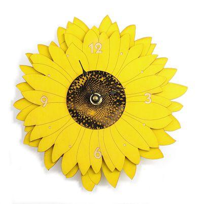 A vibrant sunflower-themed wall clock with a cheerful yellow design, measuring 8.5 inches square, perfect for home decor.