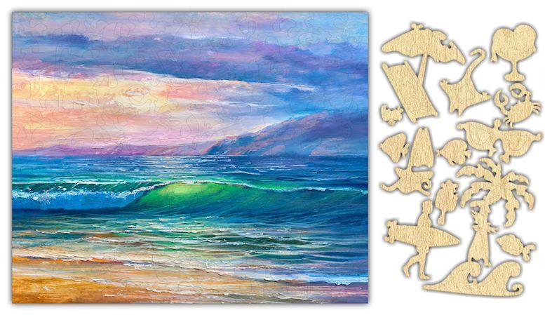 Sunset Afterglow Jigsaw Puzzle #6820 featuring a vibrant sunset scene with 154 precision-cut pieces, packaged in a stylish box with a burlap bag.