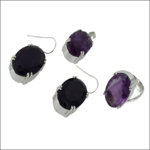 Superior Amethyst 925 Silver Gemstone Jewelry Set featuring a necklace, earrings, and bracelet with genuine amethyst gemstones.