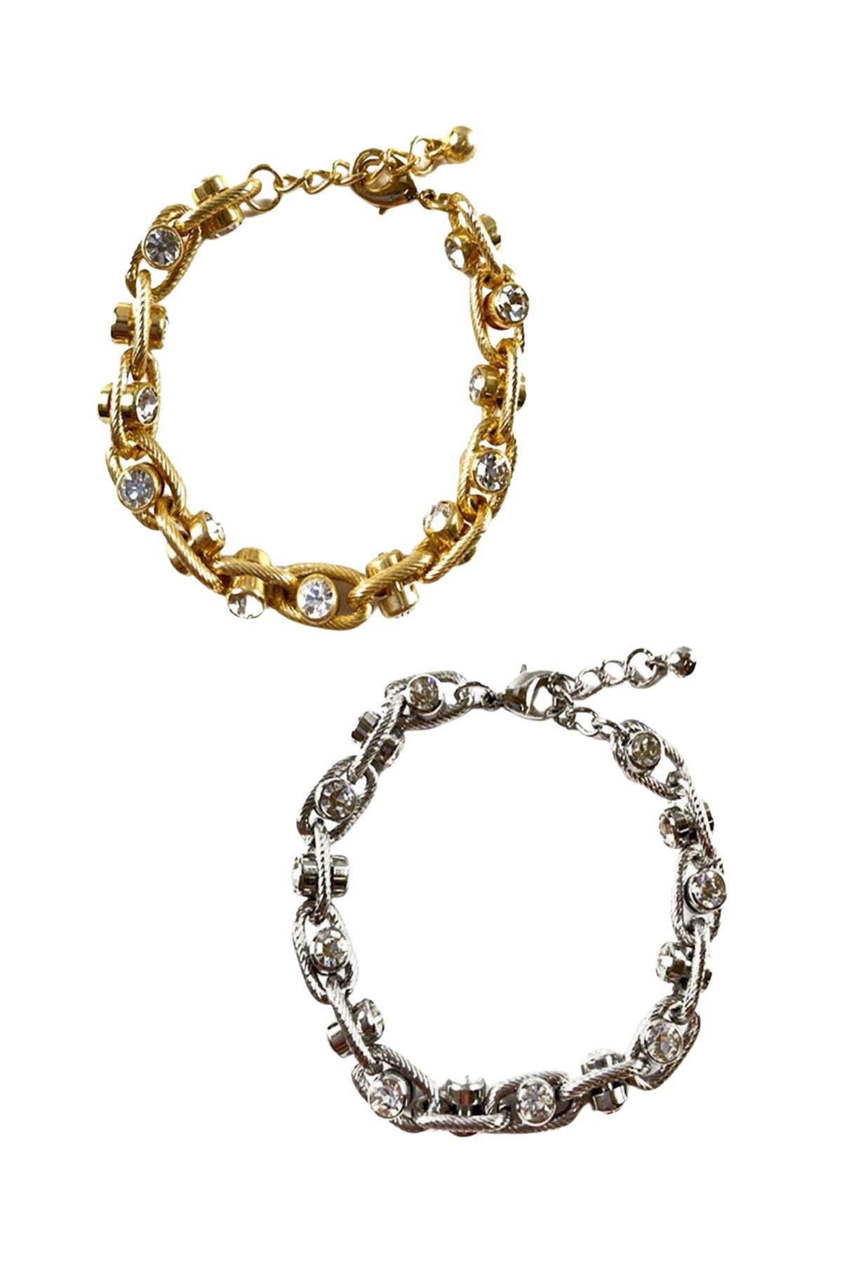 A stylish textured chain adorned with sparkling crystals, featuring a lobster claw clasp and an adjustable extender.