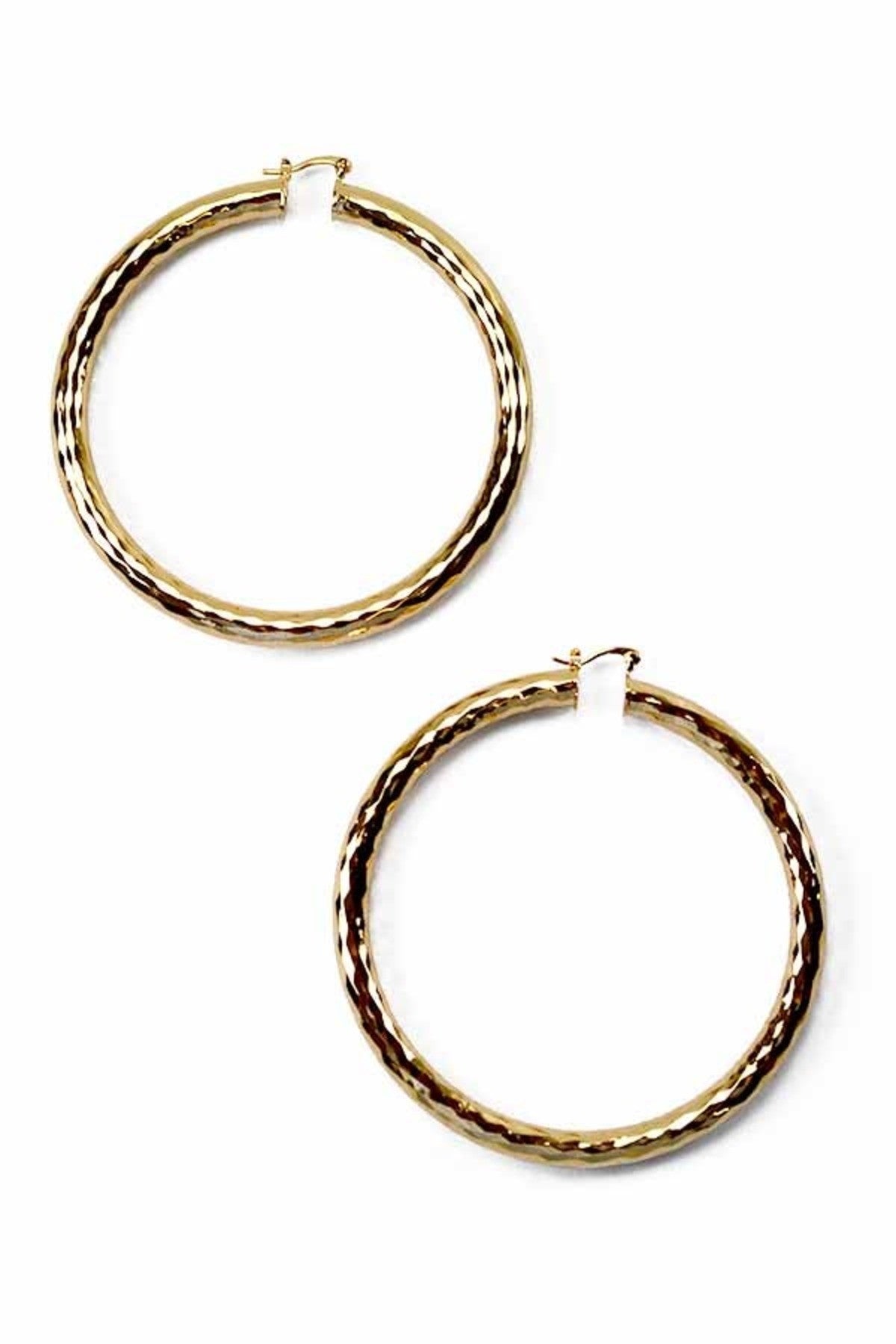 A pair of elegant textured hoop earrings with a 4-inch diameter and latch back closure, showcasing a stylish design.