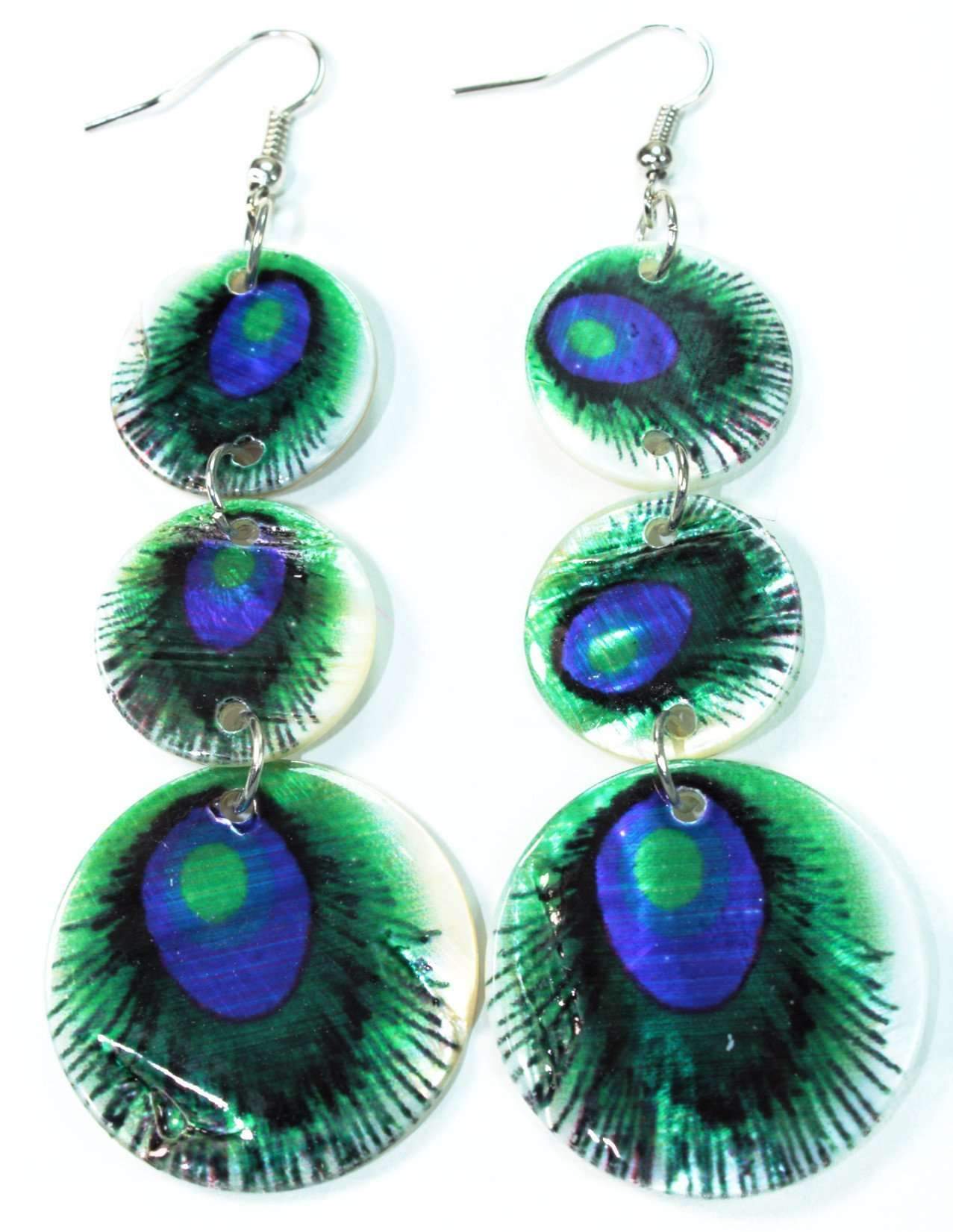 Three tiered earrings featuring peacock feather art on natural mother of pearl discs, showcasing vibrant colors and elegant design.