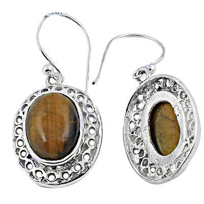 A pair of elegant Tiger Eye gemstone cabochon earrings, showcasing their unique golden and brown hues with a polished finish.