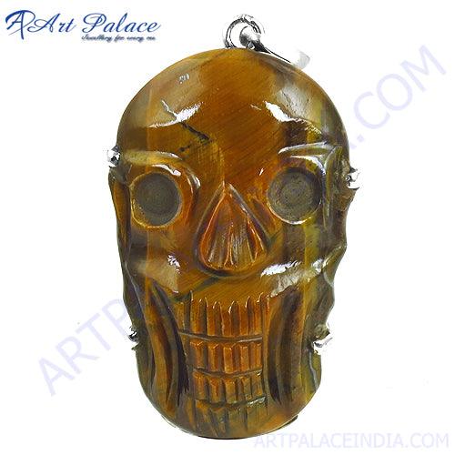 Tiger Eye Gemstone Skull Pendant crafted in 925 sterling silver, showcasing intricate details and a unique design.