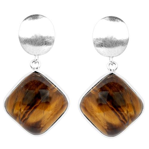 A pair of elegant Tiger Eye Plain Cushion Cab Earrings showcasing the unique cushion shape and rich golden-brown hues of the tiger eye gemstone set in silver.