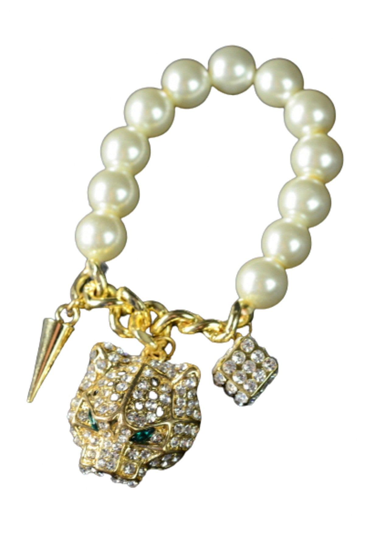 A stylish Tiger Face Bracelet featuring a pearl accent, double plated finish, and crystal embellishments, designed for comfort and elegance.
