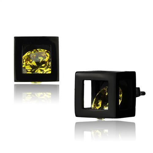 TK2540 IP Black Stainless Steel Earrings with AAA Grade CZ stones in topaz color, showcasing a modern design.