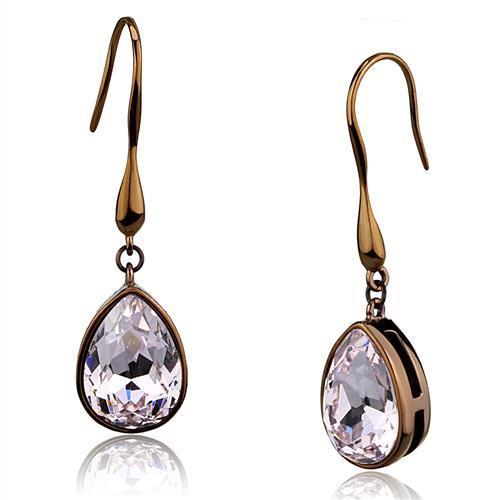 TK2727 IP Coffee light Stainless Steel Earrings with light peach pear-shaped crystals, showcasing elegant design and durable materials.
