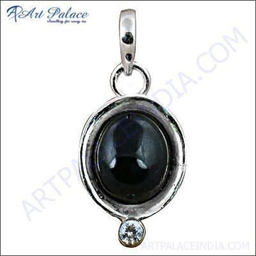 Top Quality Black Onyx CZ Gemstone Silver Pendant showcasing a deep black onyx stone with sparkling cubic zirconia accents in a sleek silver setting.