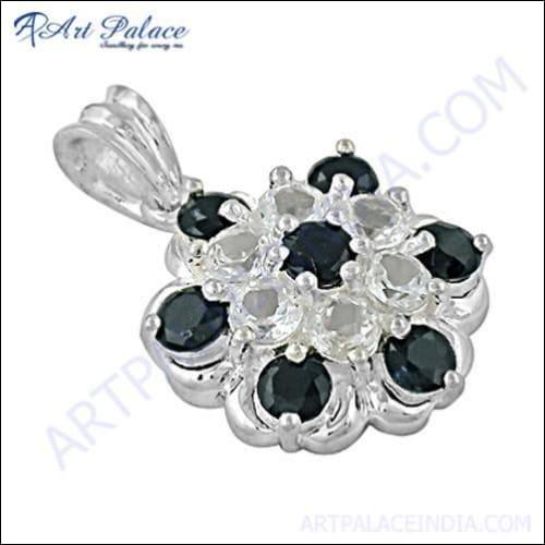 Traditional Black & White CZ Gemstone Silver Pendant in flower style, showcasing intricate design and sparkling gemstones.