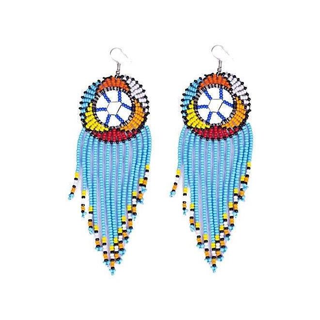 Traditional Drop Maasai Beaded Earrings featuring vibrant colors and unique dream-catcher designs, handcrafted with plastic beads.