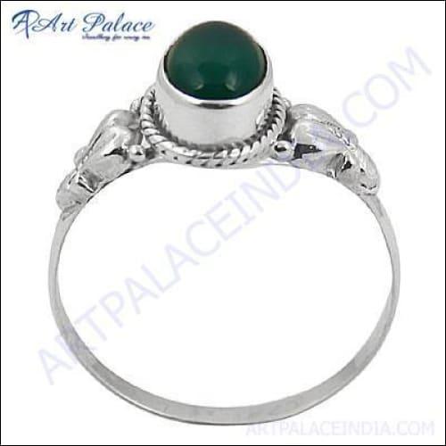 Traditional Green Onyx Gemstone Ethnic Work Silver Ring featuring intricate silver detailing and a vibrant green onyx stone.