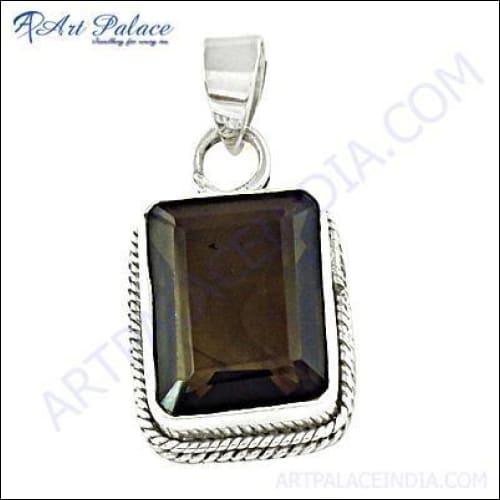 Traditional smokey quartz gemstone silver pendant featuring a square design, showcasing its elegant craftsmanship and unique color.