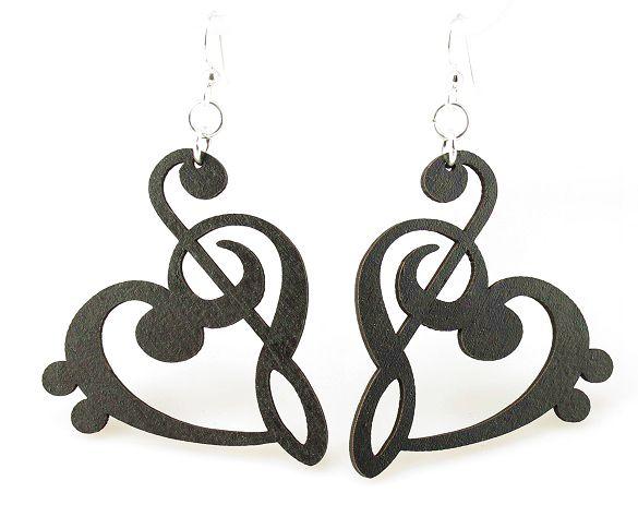 Elegant Treble Clef Heart Earrings made from sustainably sourced wood, featuring a unique design combining treble and bass clefs.
