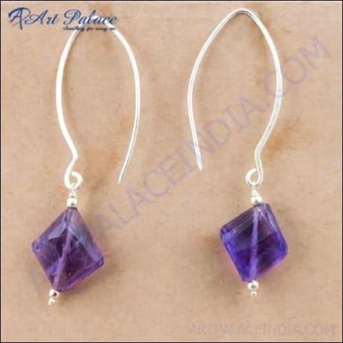 Trendy amethyst gemstone silver beaded earrings showcasing elegant purple stones and intricate silver detailing.