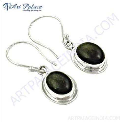 Trendy black obsidian gemstone earrings with silver accents, showcasing elegant design and craftsmanship.