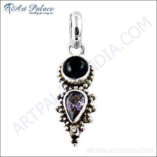 Trendy Charm Amethyst Black Onyx CZ Gemstone Silver Pendant showcasing elegant design with vibrant gemstones and silver finish.
