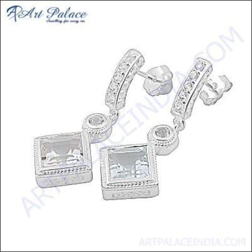 Trendy Charm Cubic Zirconia Gemstone Silver Earrings showcasing sparkling stones and elegant design.