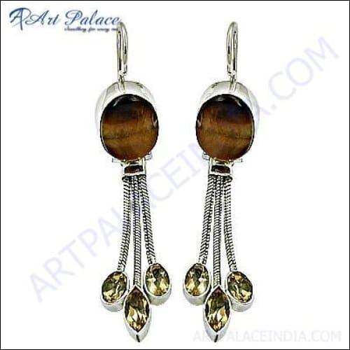 Trendy Citrine and Tiger Eye Gemstone Dangle Silver Earrings showcasing elegant design and vibrant gemstones.