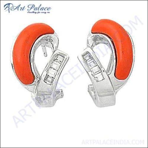 Trendy Coral Cubic Zirconia Gemstone Silver Earrings showcasing vibrant coral stones set in elegant silver design.