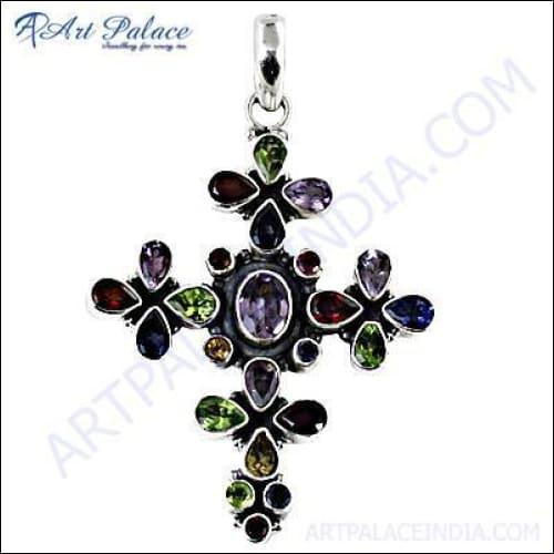 Trendy Cross Multi-Stone Silver Pendant featuring a unique cross design with colorful stones, elegantly crafted in high-quality silver.