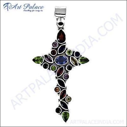 Trendy Cross Multi-Stone Silver Pendant featuring intricate design and vibrant stones, perfect for stylish jewelry lovers.