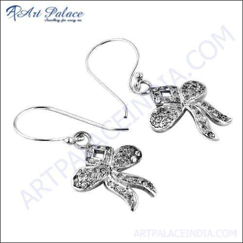 A pair of trendy silver earrings featuring sparkling cubic zirconia gemstones, elegantly designed for fashionable wear.