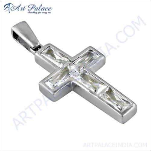 Trendy CZ Gemstone Silver Cross Pendant featuring sparkling cubic zirconia on a silver chain, perfect for stylish jewelry lovers.