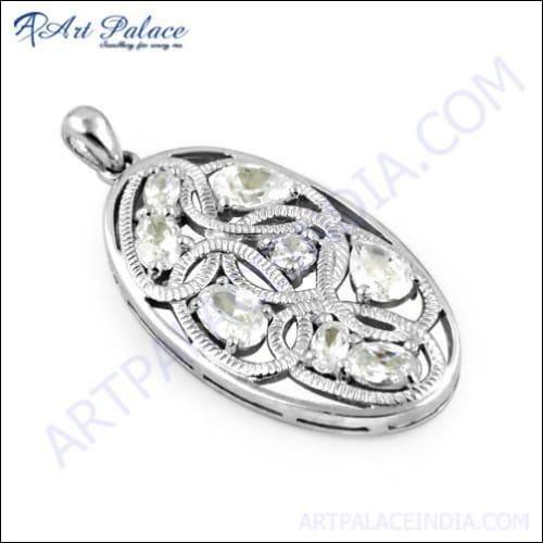 Trendy CZ Gemstone Silver Fretwork Pendant featuring a white cubic zirconia gemstone in an intricate silver design.