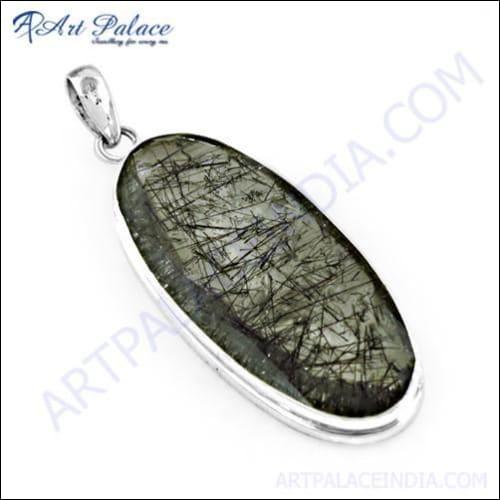 Trendy golden rutilated gemstone silver pendant showcasing intricate patterns and elegant design.