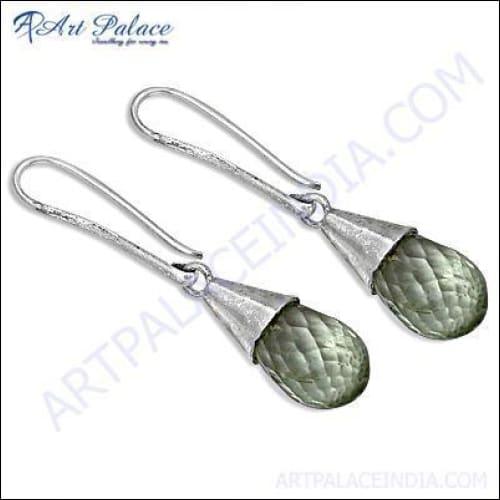 Trendy green amethyst gemstone silver earrings showcasing elegant design and craftsmanship.
