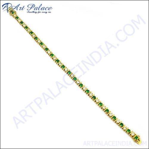 Trendy Green Cubic Zirconia Gemstone Silver Bracelet featuring vibrant green stones set in a sleek silver frame.