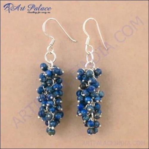 Trendy Lapis Lazuli Silver Beaded Earrings featuring deep blue lapis lazuli beads and elegant silver hooks, perfect for stylish occasions.