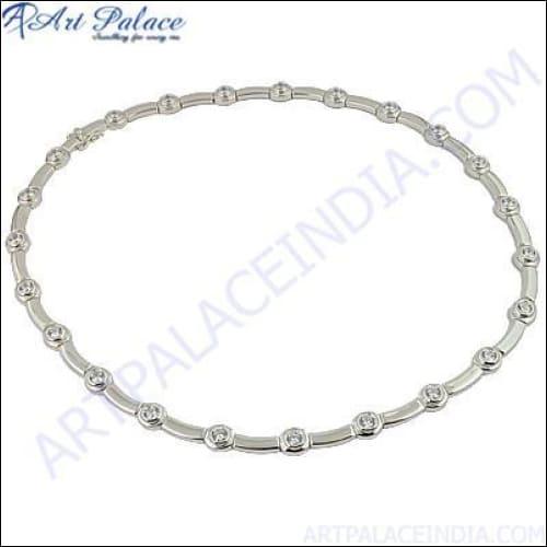 Trendy silver necklace featuring stylish cubic zirconia gemstones, elegantly designed for fashion-forward individuals.