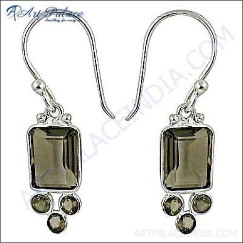 Trendy smokey quartz gemstone earrings made of 925 silver, showcasing elegant design and craftsmanship.