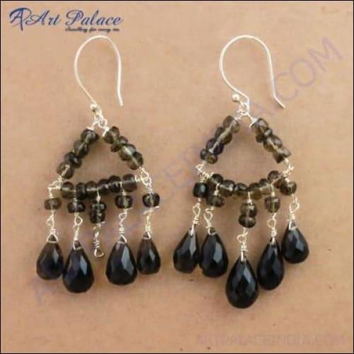 Triangle Smokey Quartz Gemstone Earrings in 925 silver with beaded accents, showcasing geometric elegance and natural beauty.
