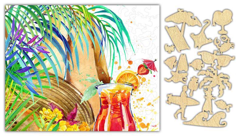 Tropical Cocktail Jigsaw Puzzle #6819 featuring vibrant artwork and 154 precision-cut pieces, packaged in a cardboard box with a burlap bag.