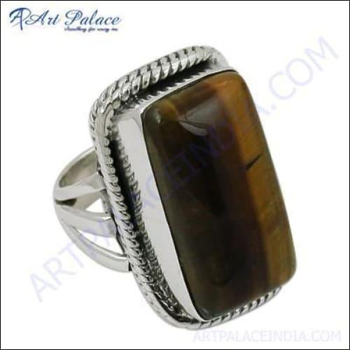 Truly Designer Tiger Eye Gemstone Silver Ring featuring a cabochon cut stone set in an elegant silver band, showcasing intricate craftsmanship.