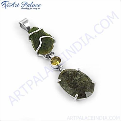 Ultimate Black Rutile Moldavite Tourmaline Gemstone set in 925 Sterling Silver, showcasing intricate design and vibrant gemstones.