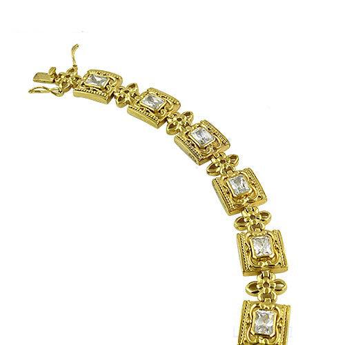 A luxurious gold plated silver bracelet adorned with sparkling cubic zirconia gemstones, showcasing elegance and style.