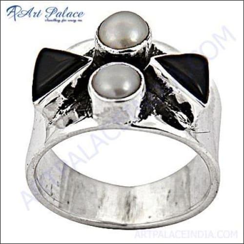 Unique Black Onyx Pearl Silver Party Ring showcasing elegant design with black onyx and pearl accents set in high-quality silver.