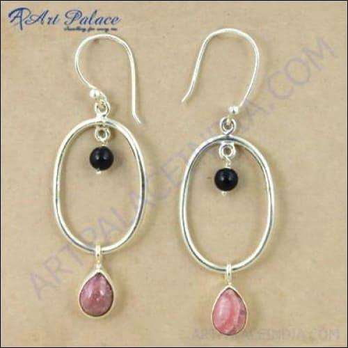 Unique Black Onyx and Rhodochrosite Gemstone Silver Earrings showcasing elegant design and vibrant colors.