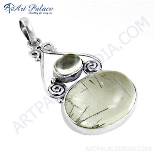 Handcrafted Unique Black Rutile Crystal Gemstone Silver Pendant showcasing intricate patterns and elegant design.